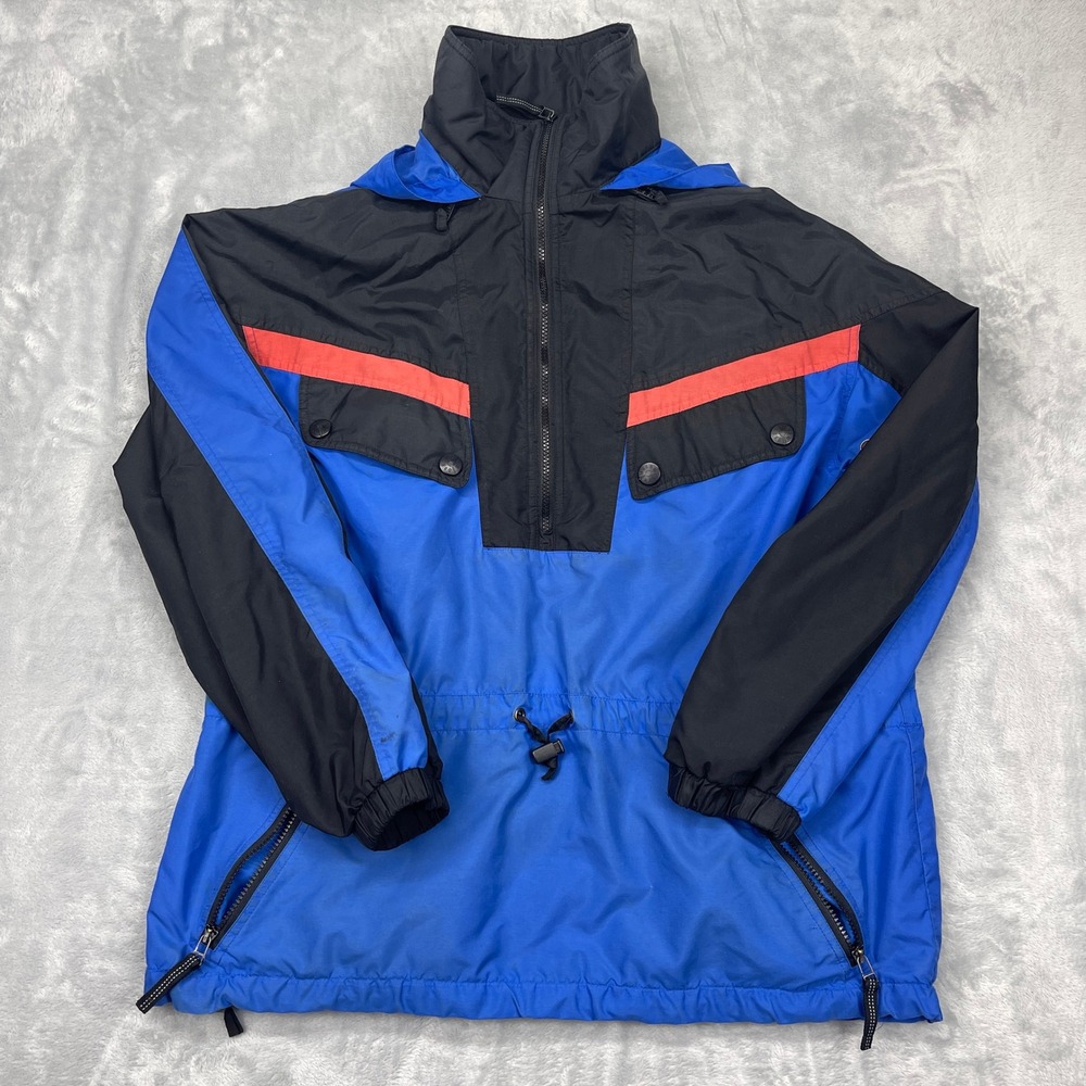 Obermeyer Anorak Ski Jacket Mens‎ Medium Blue Black Hooded Zip Pocket Mock Neck